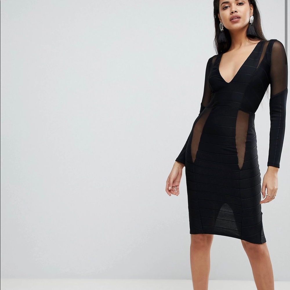 ASOS Long Sleeve Deep Plunge Bandage Mesh Midi Dress
